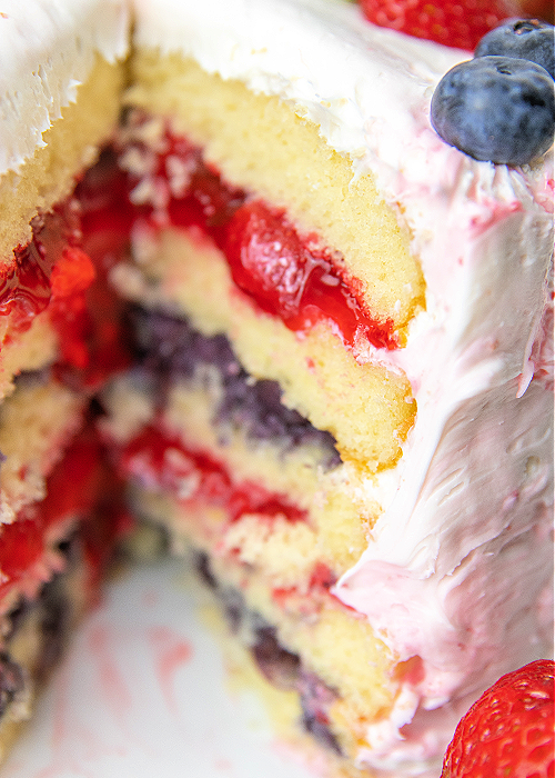 a closeup of the alternating layers in the patriotic berry cake