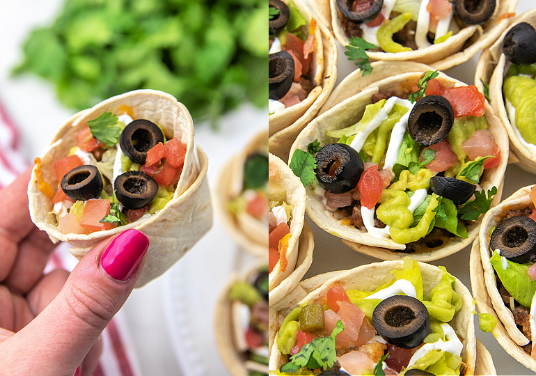 taco cups images showing one being held in a hand another image of taco cups stacked close to each other on a plate