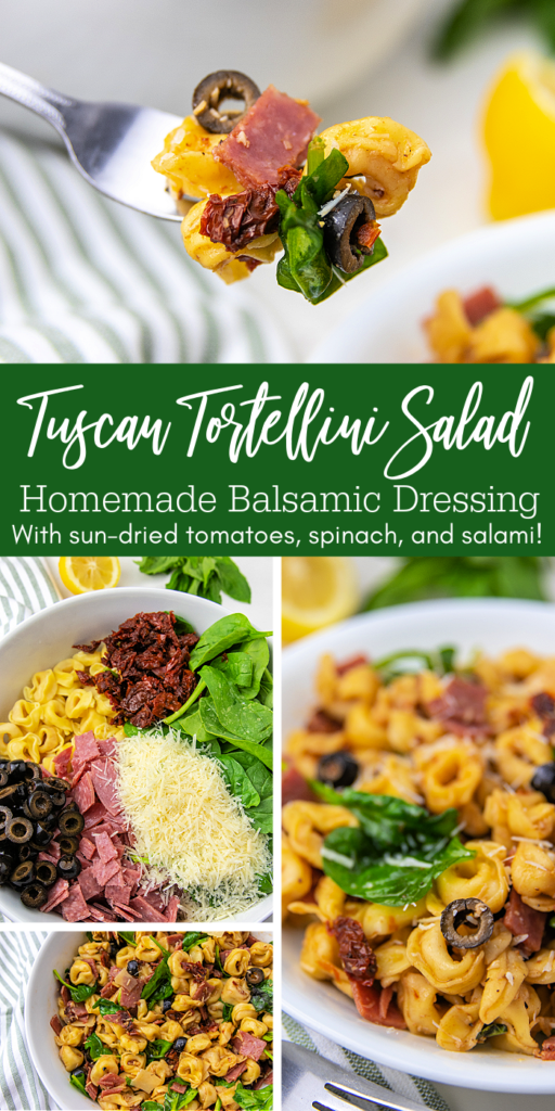 Tuscan Tortellini Salad combines baby spinach, tortellini, salami, black olives, sun-dried tomatoes and more- a light, delicious summer meal! tuscan tortellini salad pinterest image