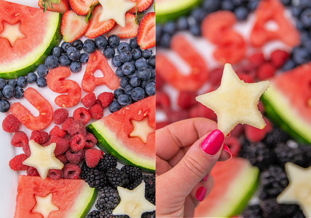 watermelon cut into patriotic shapes and arranged with other red white and blue fruit on a white platter