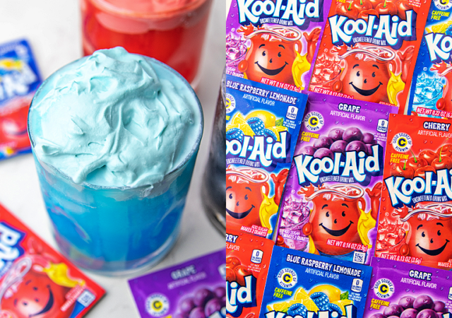 blue whipped kool-aid in a clear glass