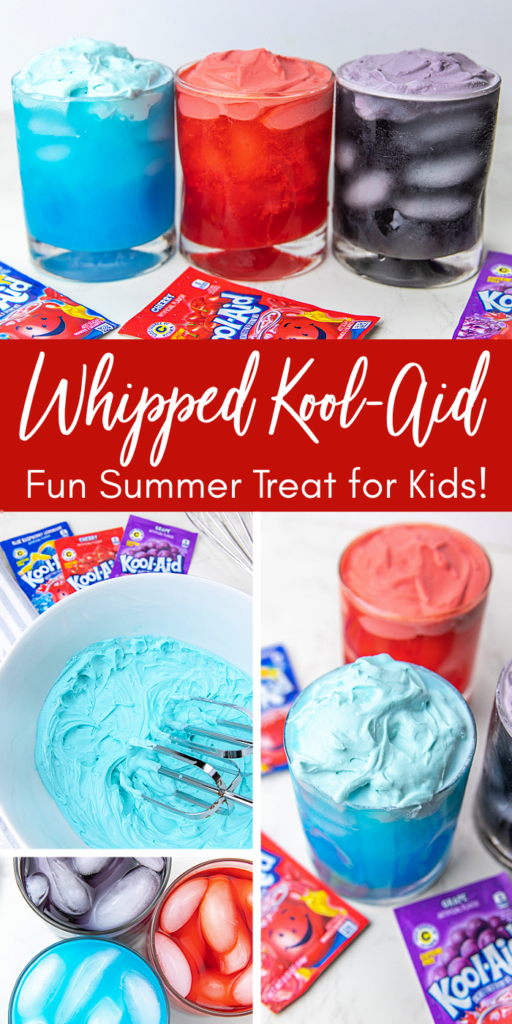This Whipped Kool-Aid for kids is the perfect indoor activity when it's too hot outside. Or make it as a surprise treat! Children love it! pinterest image for whipped kool-aid