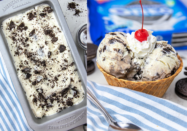 no churn ice cream in a loaf pan and in a sundae