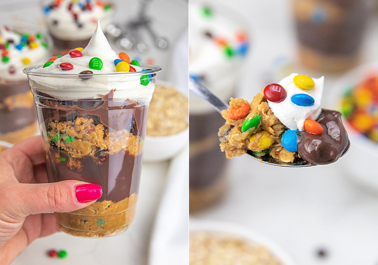 monster cookie parfait with layers of cookie dough and chocolate pudding