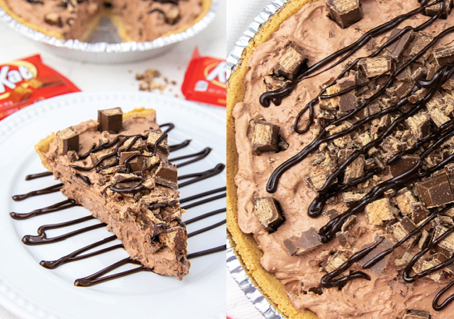 a slice of kitkat chocolate pie with chocolate sauce drizzled on a white plate