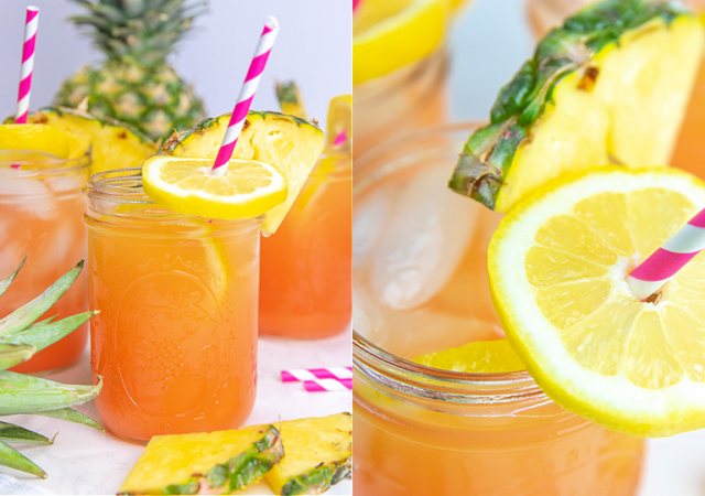 pineapple pink lemonade with a pink straw