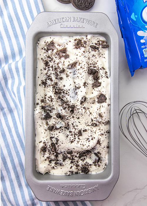 no churn ice cream in a loaf pan ready to be frozen