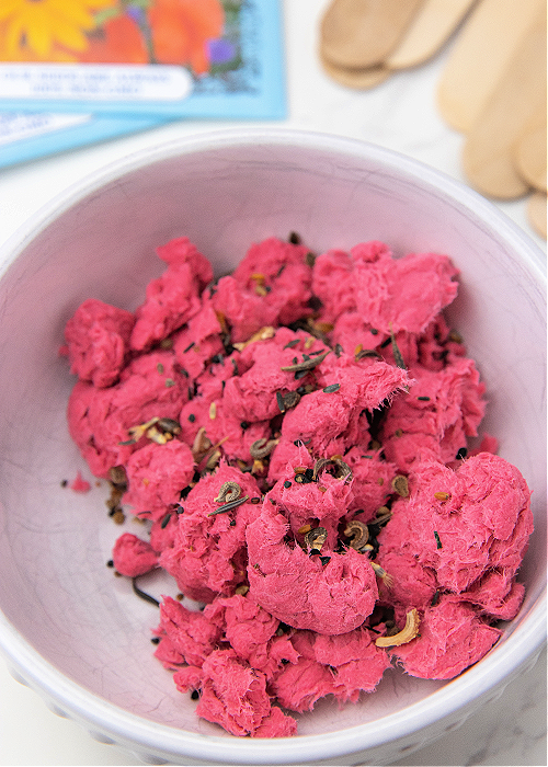 paper pulp and flower seeds in a bowl