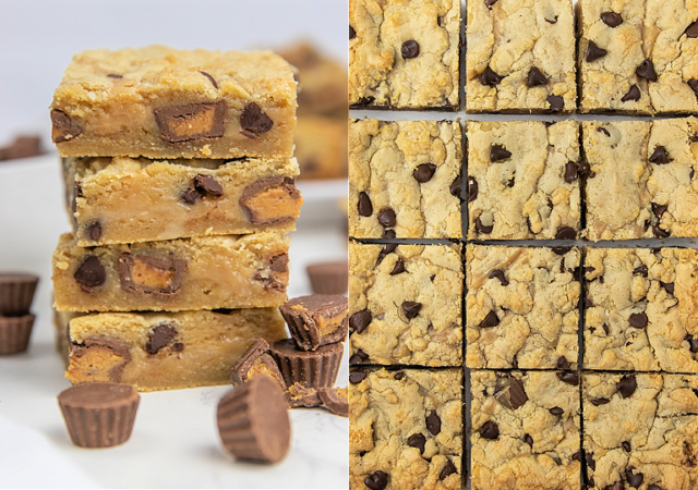 peanut butter cup gooey cookie bars stacked and cut in squares