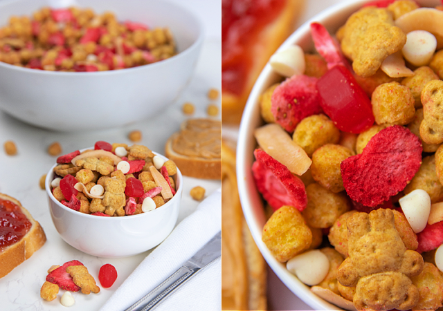peanut butter and jelly trail mix in a white bowl