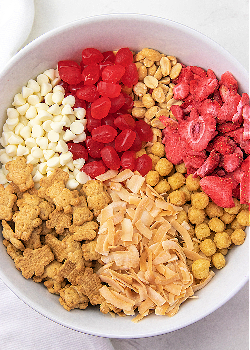 trail mix ingredients in a white serving bowl before mixing
