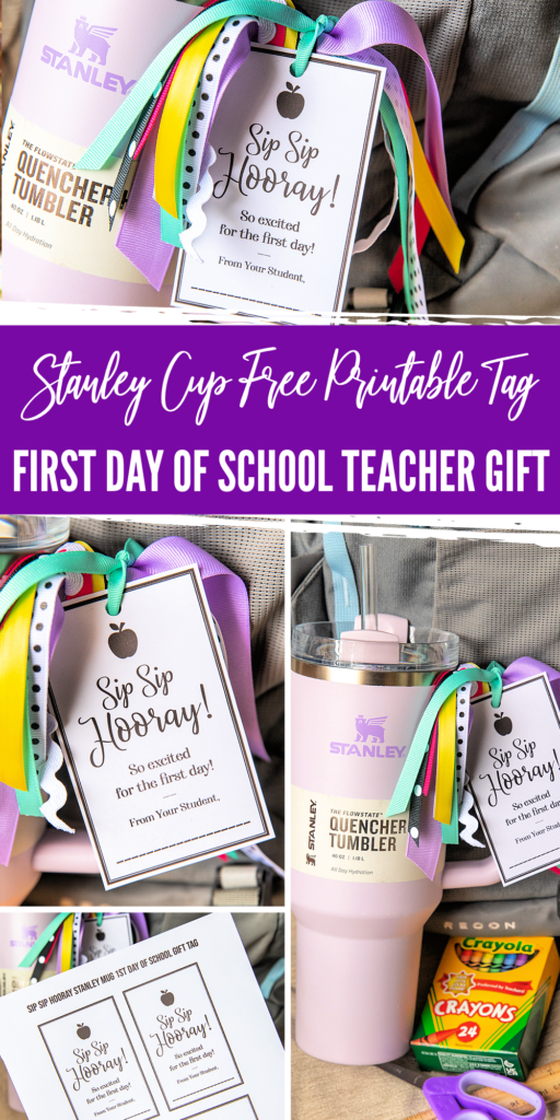 pinterest image for a stanley cup first day of school teacher gift idea