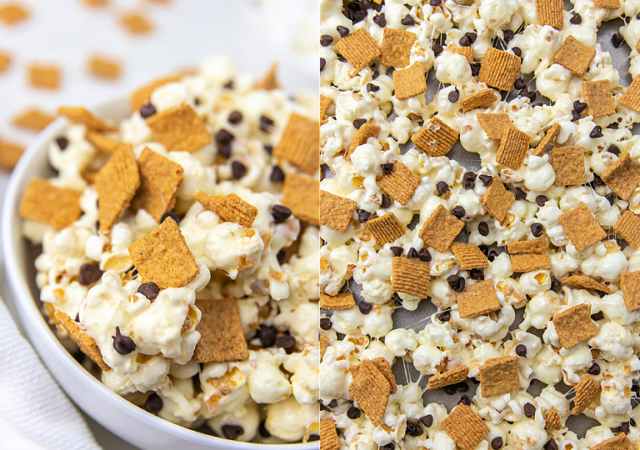 s'mores popcorn in a white bowl and on a cookie sheet