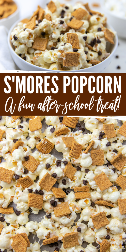 This S'Mores Popcorn is a salty sweet mix of graham cereal, popcorn covered in melty marshmallows, and sprinkled with chocolate chips! s'mores popcorn pinterest image