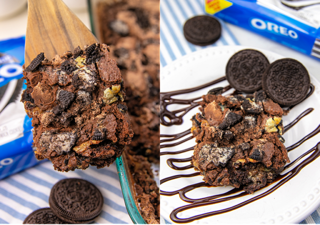 a slice of tiktok oreo dump cake being served on a white plate