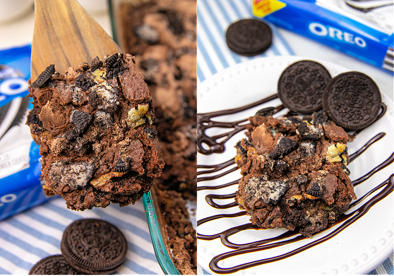 a slice of tiktok oreo dump cake being served on a white plate