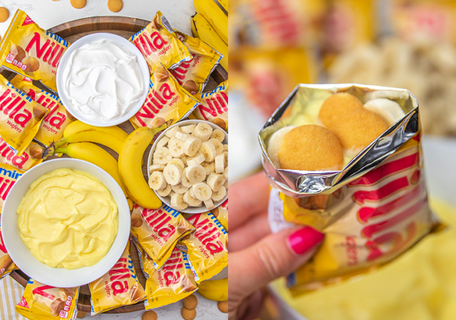 walking banana pudding board and dessert in a nilla wafer bag