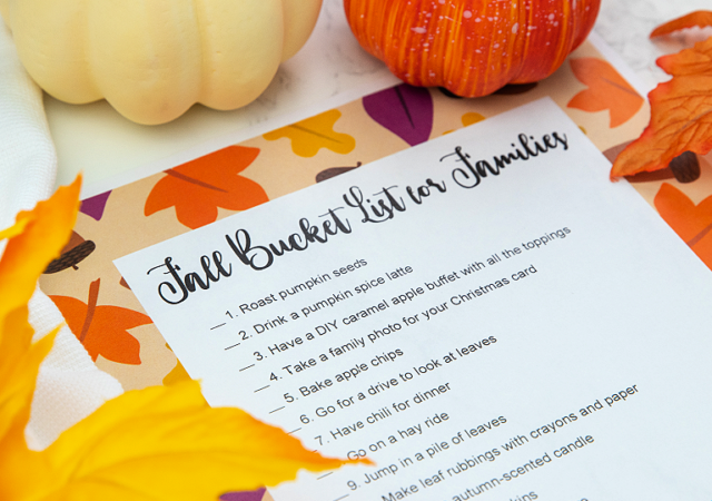 fall bucket list feature image with pumpkins and leaves around it
