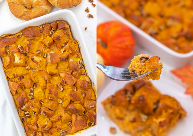 pumpkin cheesecake casserole in a white serving dish