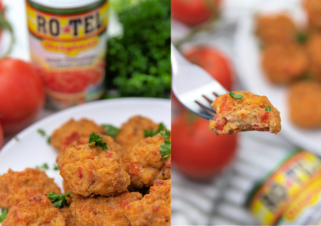 rotel cream cheese sausage bites appetizer on a white plate