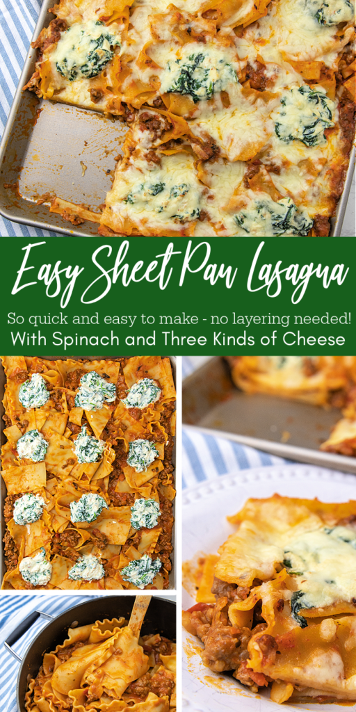 This delicious Sheet Pan Lasagna serves 12 and can be made in a flash! No layering needed for this yummy and easy dinner! easy sheet pan lasagna pinterest image