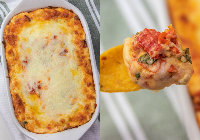 white pizza dip on a corn chp