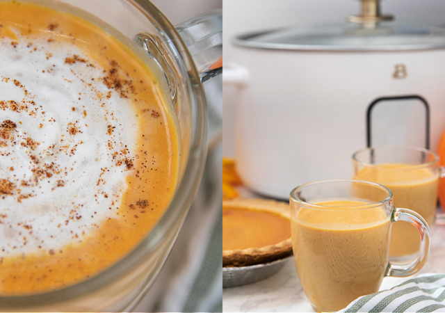 a clear glass of drinkable pumpkin pie hot beverage with whipped cream and spice sprinkled on top