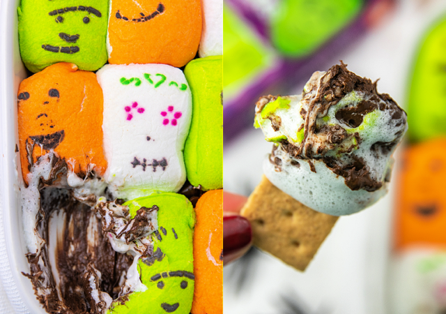 easy halloween s'mores dip on a graham cracker