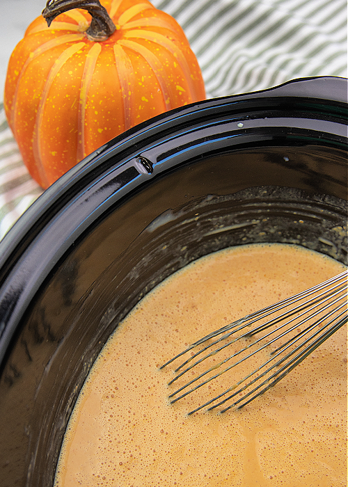 whisking drinkable pumpkin pie in crockpot