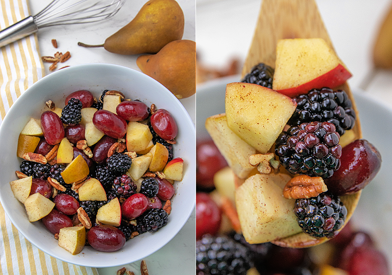 fall fruit salad in a white serving bowl