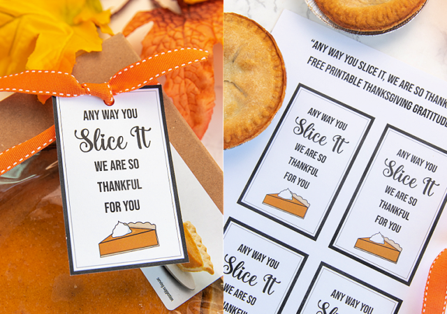 thanksgiving gratitude gift idea pie gift tied on with an orange ribbon