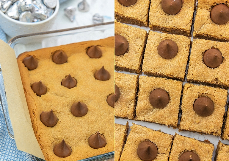 peanut butter blossom bars in a pan