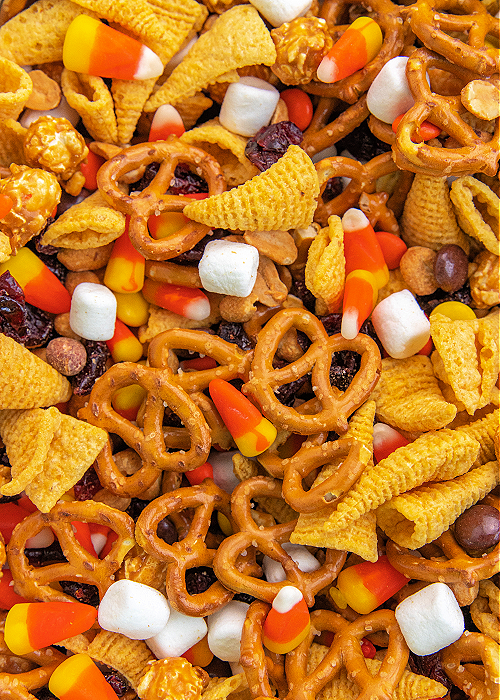 a close up of turkey snack mix for thanksgiving with pretzels, candy corn, reese's pieces, dried cranberries, marshmallows, peanuts, and more