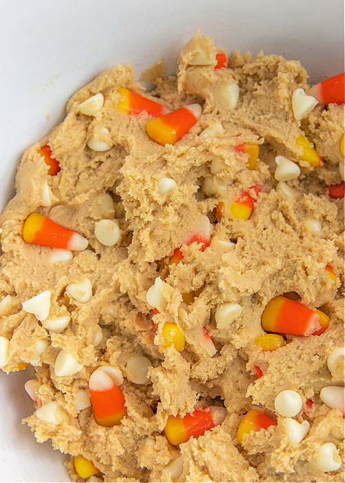 white chocolate candy corn cookie dough close up