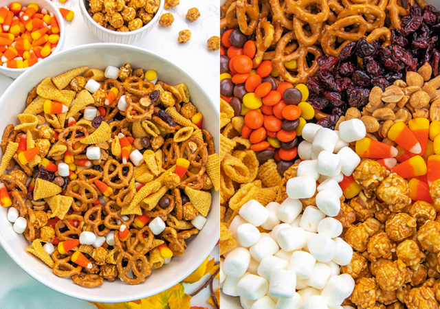 turkey snack mix for thanksgiving in a white mixing bowl