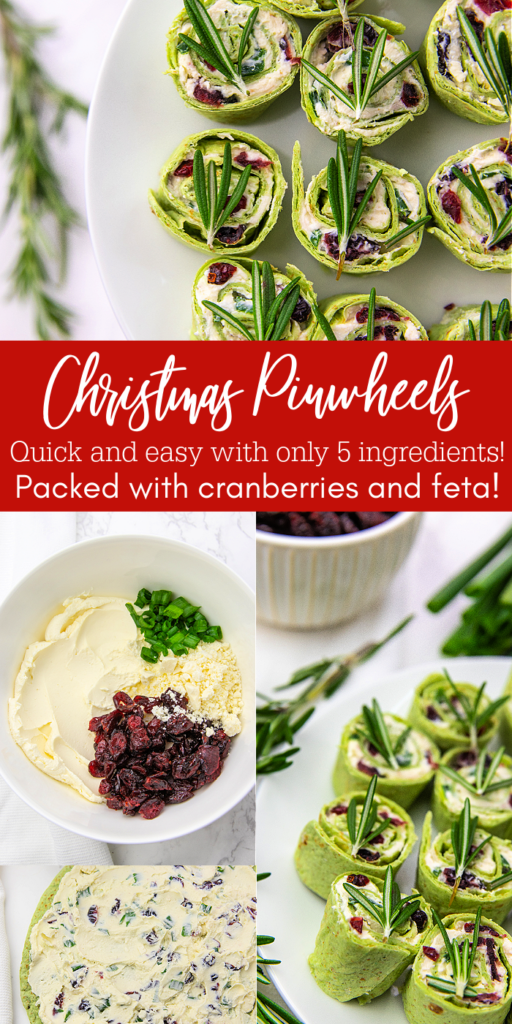 These 5 Ingredient Christmas Pinwheels look just as festive as they taste! Packed with cranberries, they're an easy and delicious appetizer! red and green christmas pinwheels holiday appetizer pinterest image