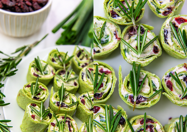 red and green christmas pinwheels appetizer on a white platter