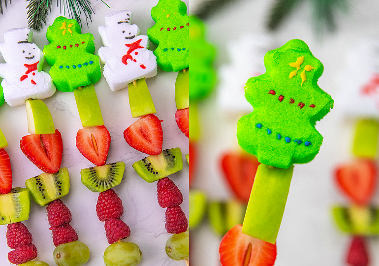 holiday peeps fruit kebabs for kids with red and green fruit on skewers