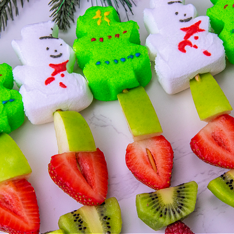 red and green holiday peeps fruit kebabs for kids