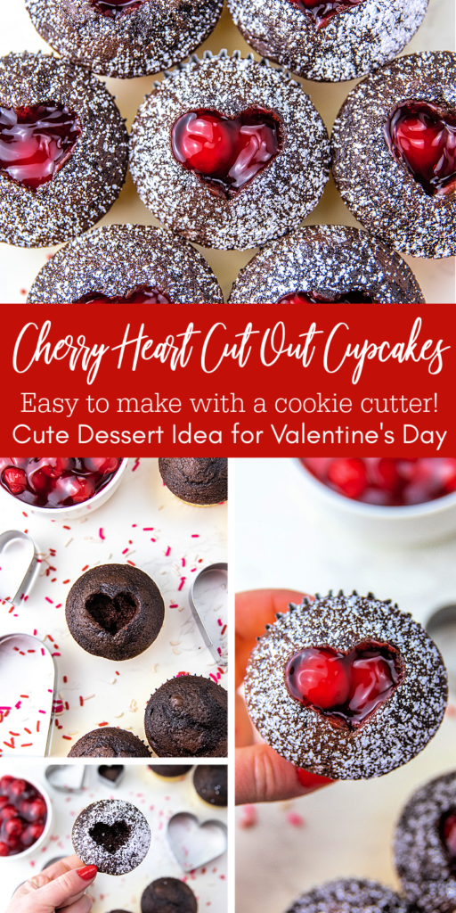 These Cherry Heart Cut Out Cupcakes are fast and easy to make with a cookie cutter and pie filling! So festive for Valentine's Day! cherry heart cut out cupcakes pinterest image