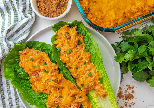 5 ingredient low carb mexican chicken casserole served on romain hearts