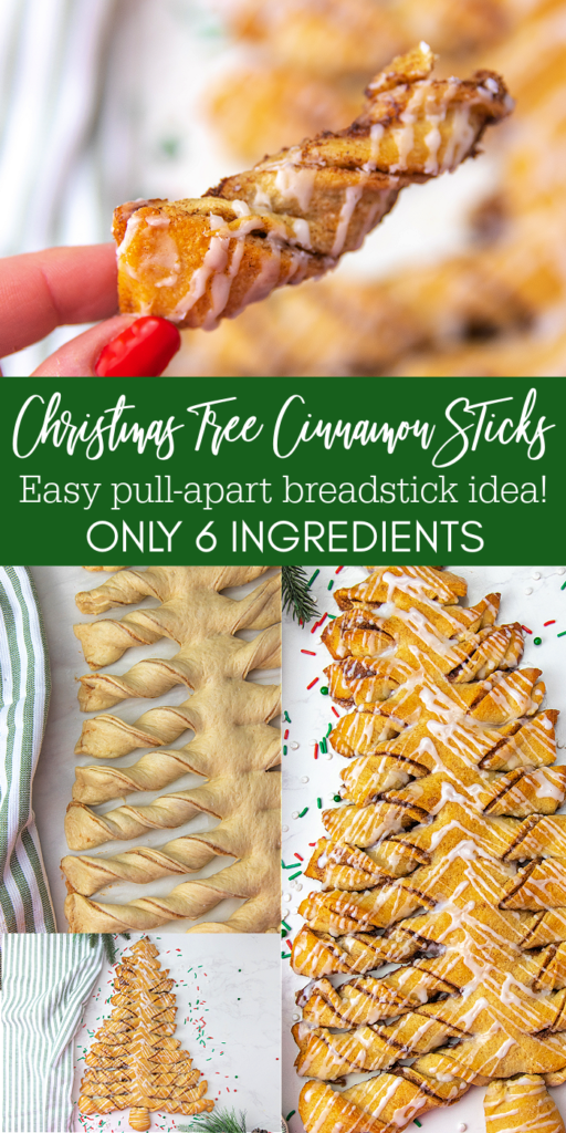 pinterest image with step by step recipe photos for christmas tree pull-apart cinnamon sticks