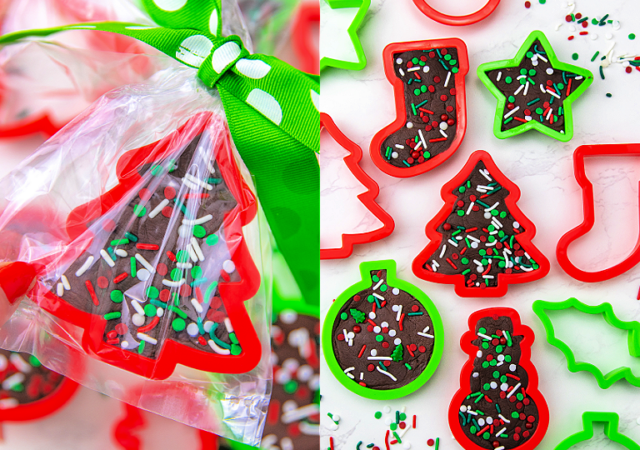 chocolate fudge in a red christmas tree cookie cutter in a clear bag tied with a green bow
