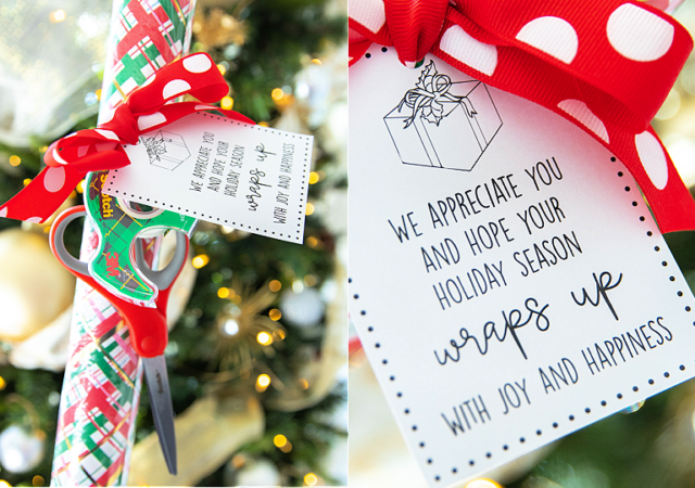wrapping paper survival kit gift idea with free printable tag tied with a red ribbon