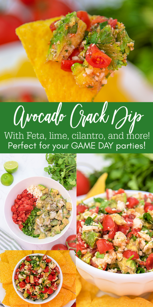 Avocado Crack Dip is SO fresh and flavorful and the perfect gameday dip recipe! Spices, cilantro, feta cheese and more combine for the perfect scoopable game day snack! avocado crack dip step by step photos on a pinterest image