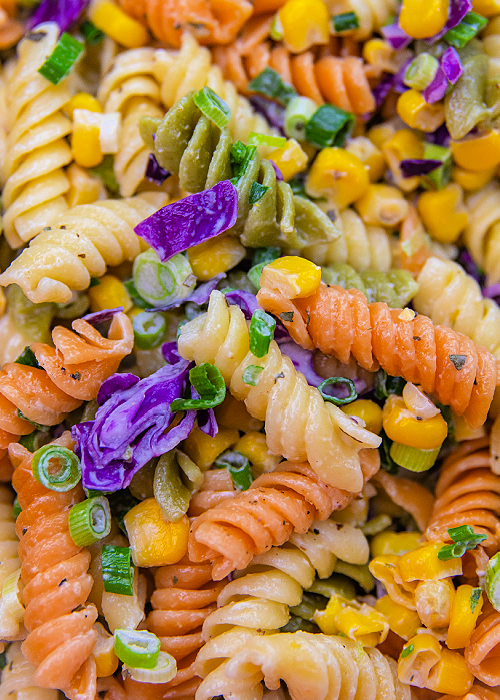 close up of mardi gras pasta salad for fat tuesday