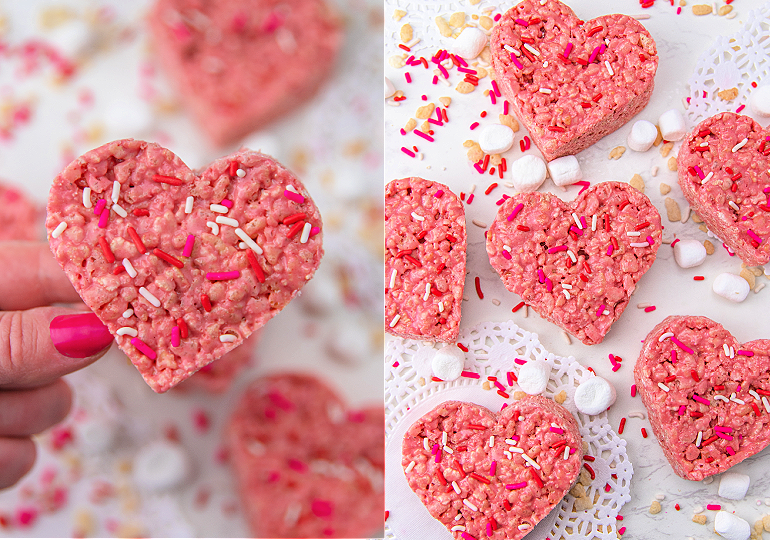 red velvet cake mix rice krispie treats in heart shapes with sprinkles on top