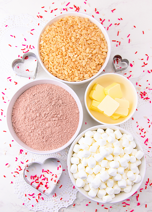 ingredients for red velvet krispie hearts