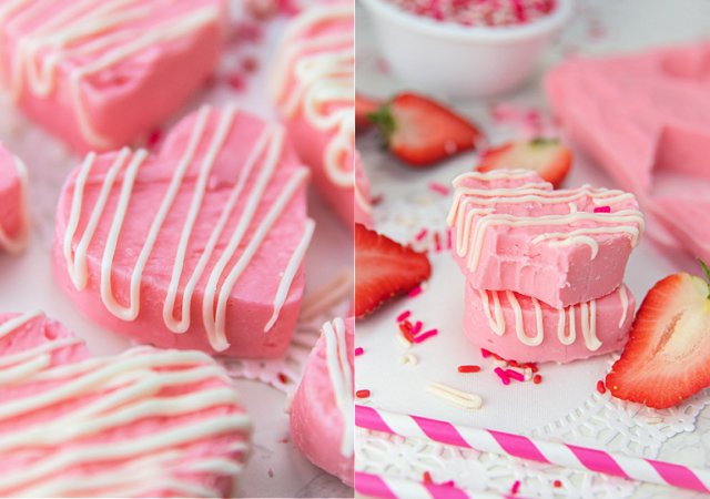 strawberry fudge bites are pink hearts with white stripes on them