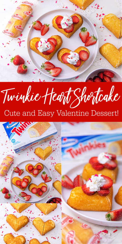 This Twinkie Heart Strawberry Shortcake is a GENIUS valentine dessert idea that's cute and so easy, too! Simply slice and place two pieces together! Twinkie Heart Shortcake Pinterest Image
